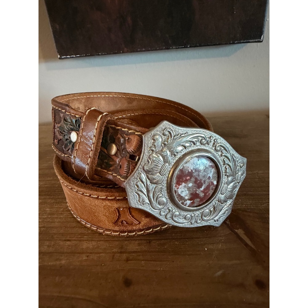 Vintage Chambers Belt Co Hand Painted Tooled Leather Western Stone Buckle Belt 4